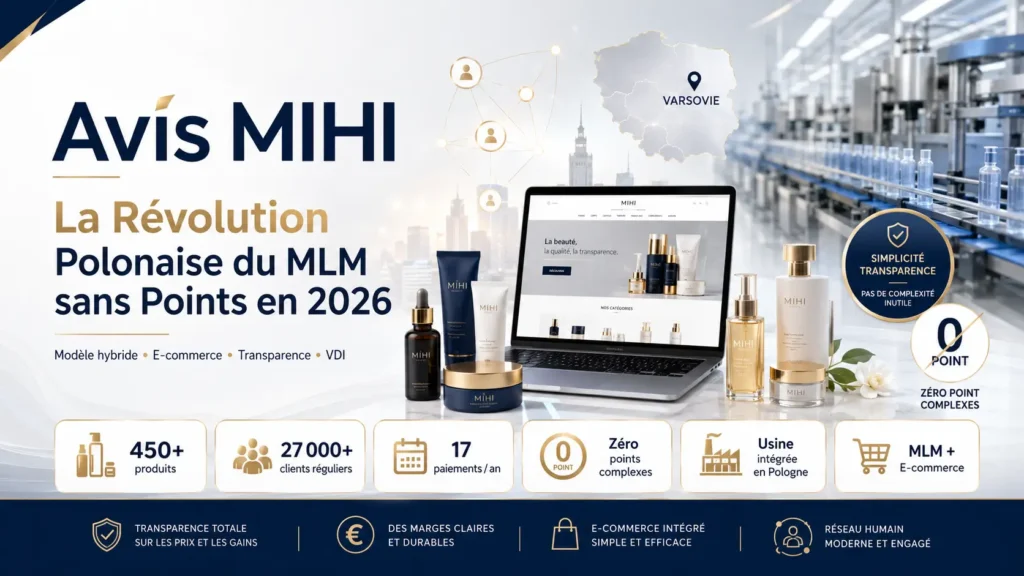 Un assortiment de produits MIHI Cosmétiques posé sur un meuble en bois clair à côté d'un ordinateur.