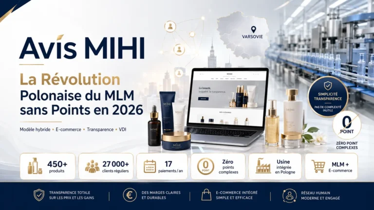 Un assortiment de produits MIHI Cosmétiques posé sur un meuble en bois clair à côté d'un ordinateur.