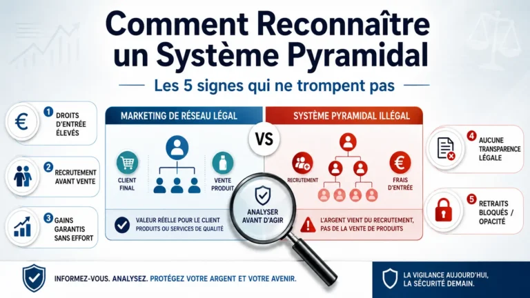 Une loupe posée sur un contrat commercial analysant comment reconnaitre un systeme pyramidal.