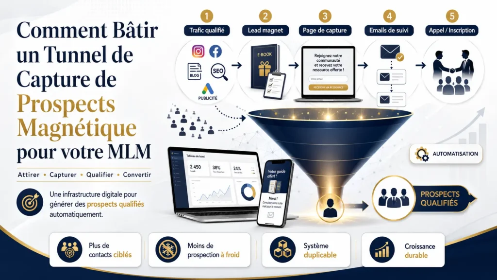 Un écran d'ordinateur affichant les statistiques de conversion d'un tunnel de capture de prospects pour le MLM.