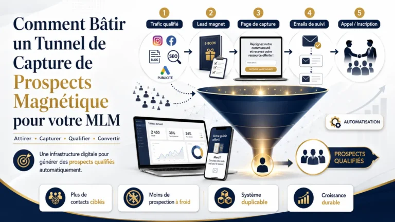 Un écran d'ordinateur affichant les statistiques de conversion d'un tunnel de capture de prospects pour le MLM.