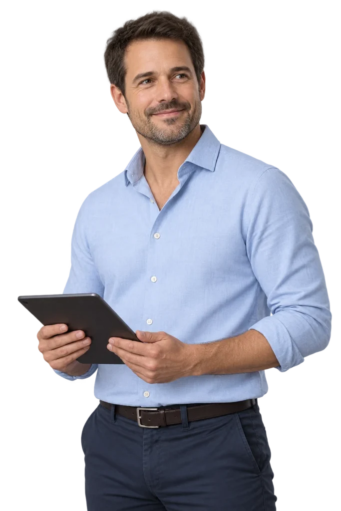 Homme souriant en chemise bleu clair tenant une tablette.
